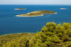 Beautiful aerial shot of Adriatic Sea islands near Primošten, Croatia.